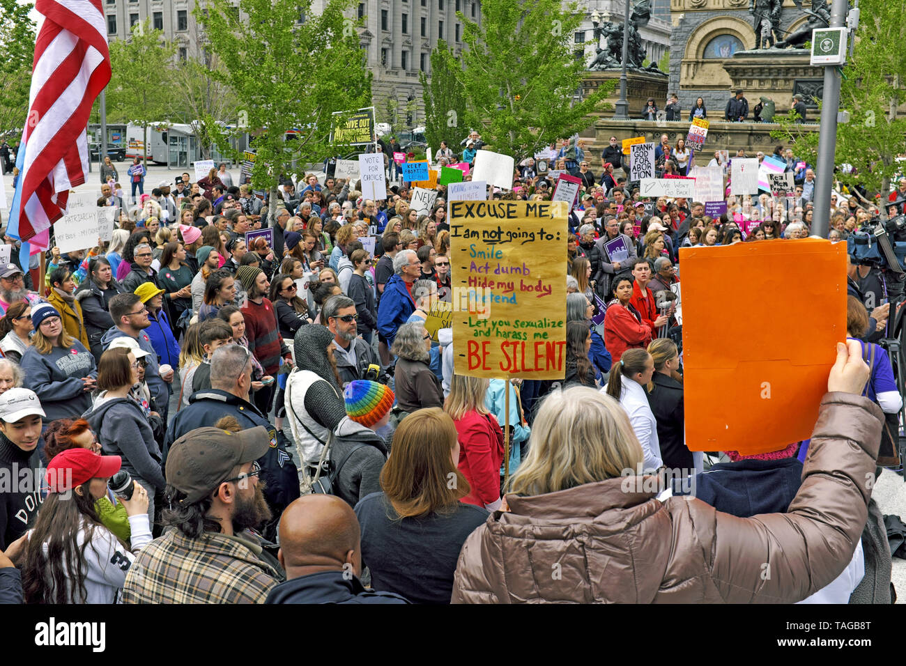 Pro-choice demonstrators take to Public Square in Cleveland, Ohio protesting abortion law changes in Ohio. Stock Photo