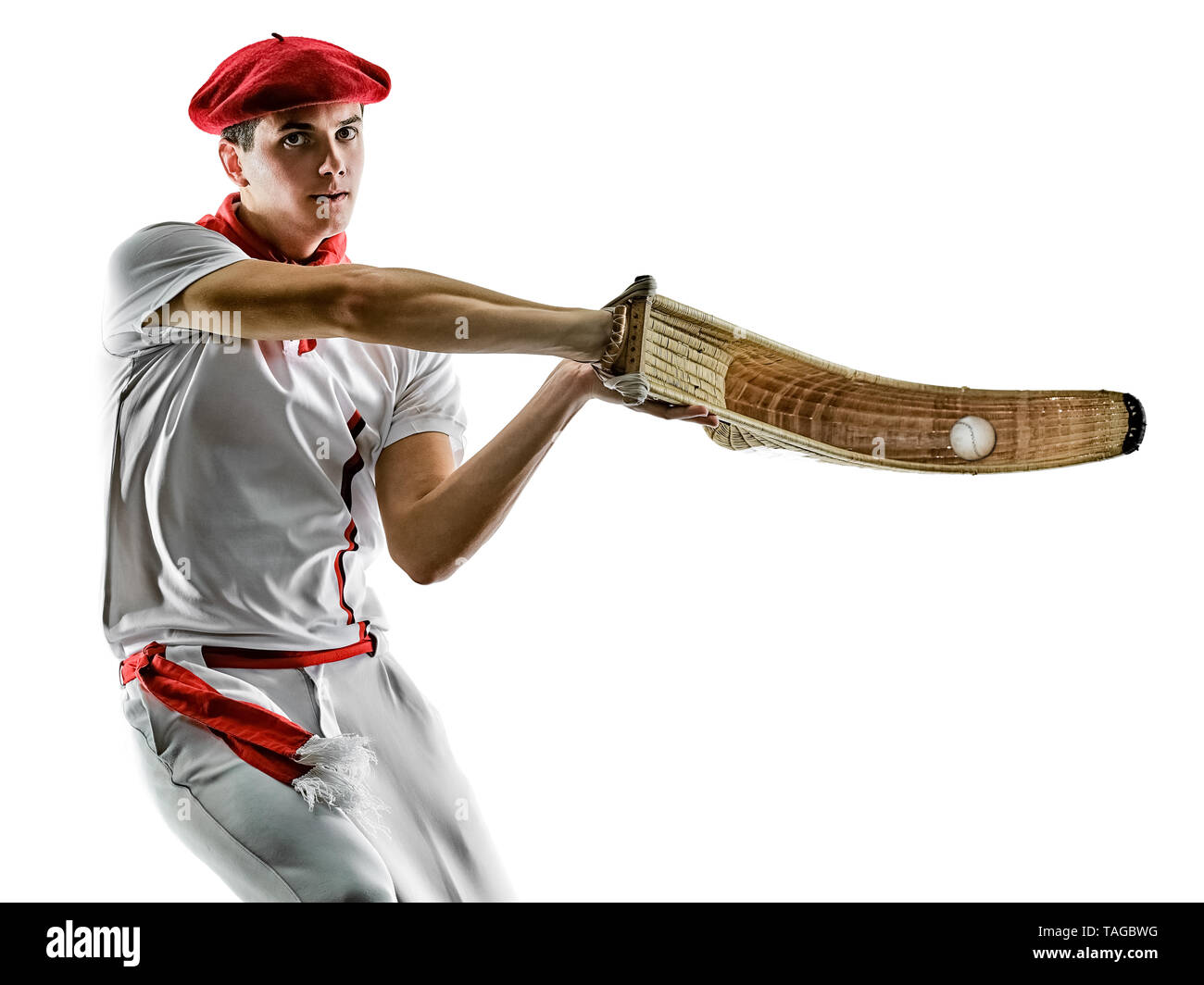 one caucasian Jai alai Basque pelota  Cesta Punta player man isolated on white background silhouette Stock Photo