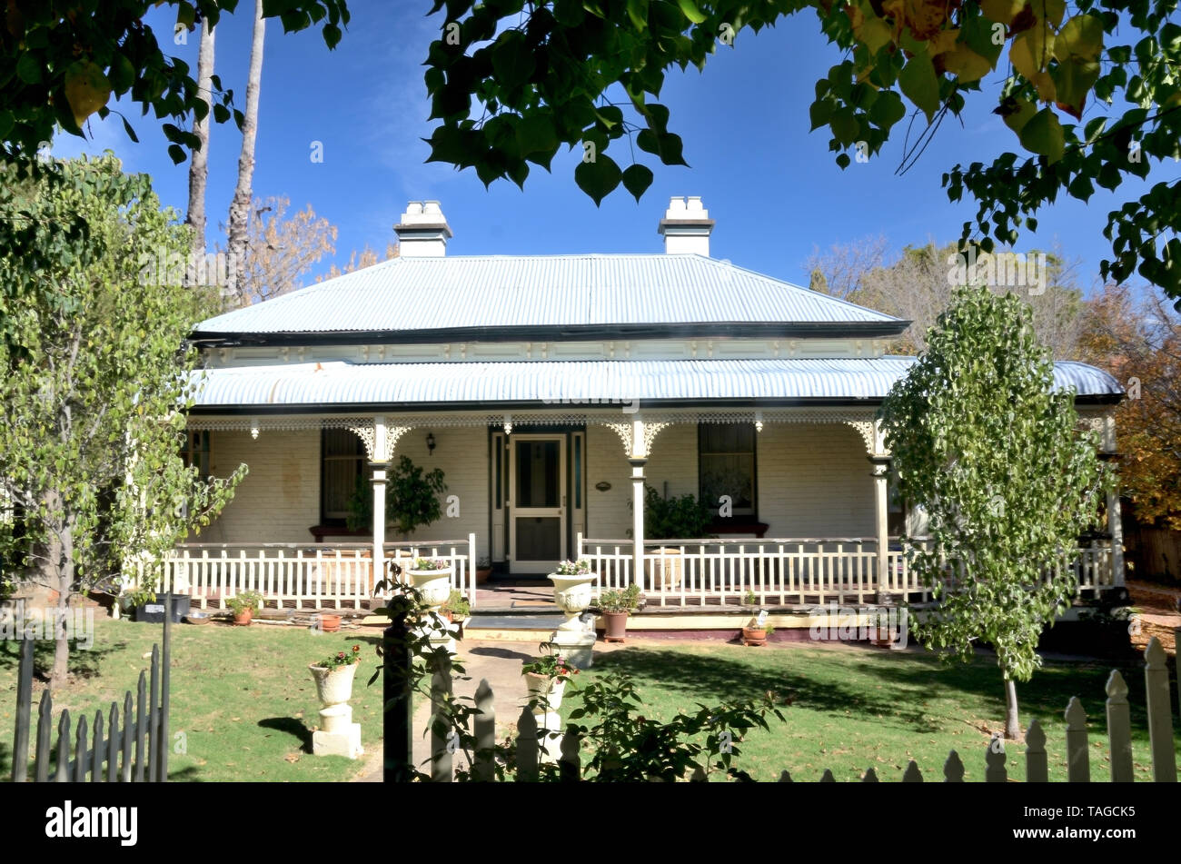 Australian 1920s cottage with bull nose front verandah. Tamworth NSW. Stock Photo