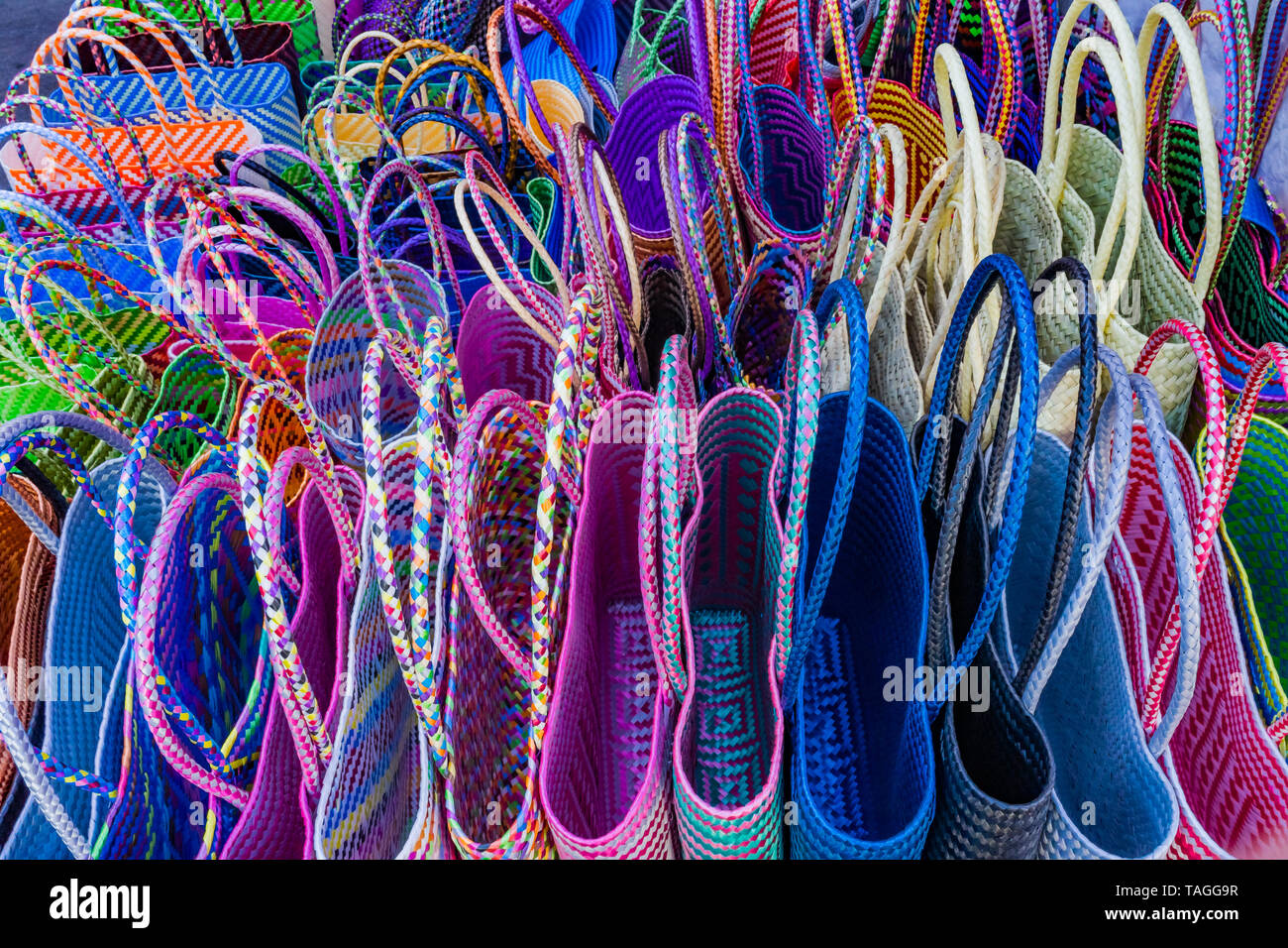 Colorful Straw Baskets Handicrafts Red Blue Pink Yellow Oaxaca Mexico