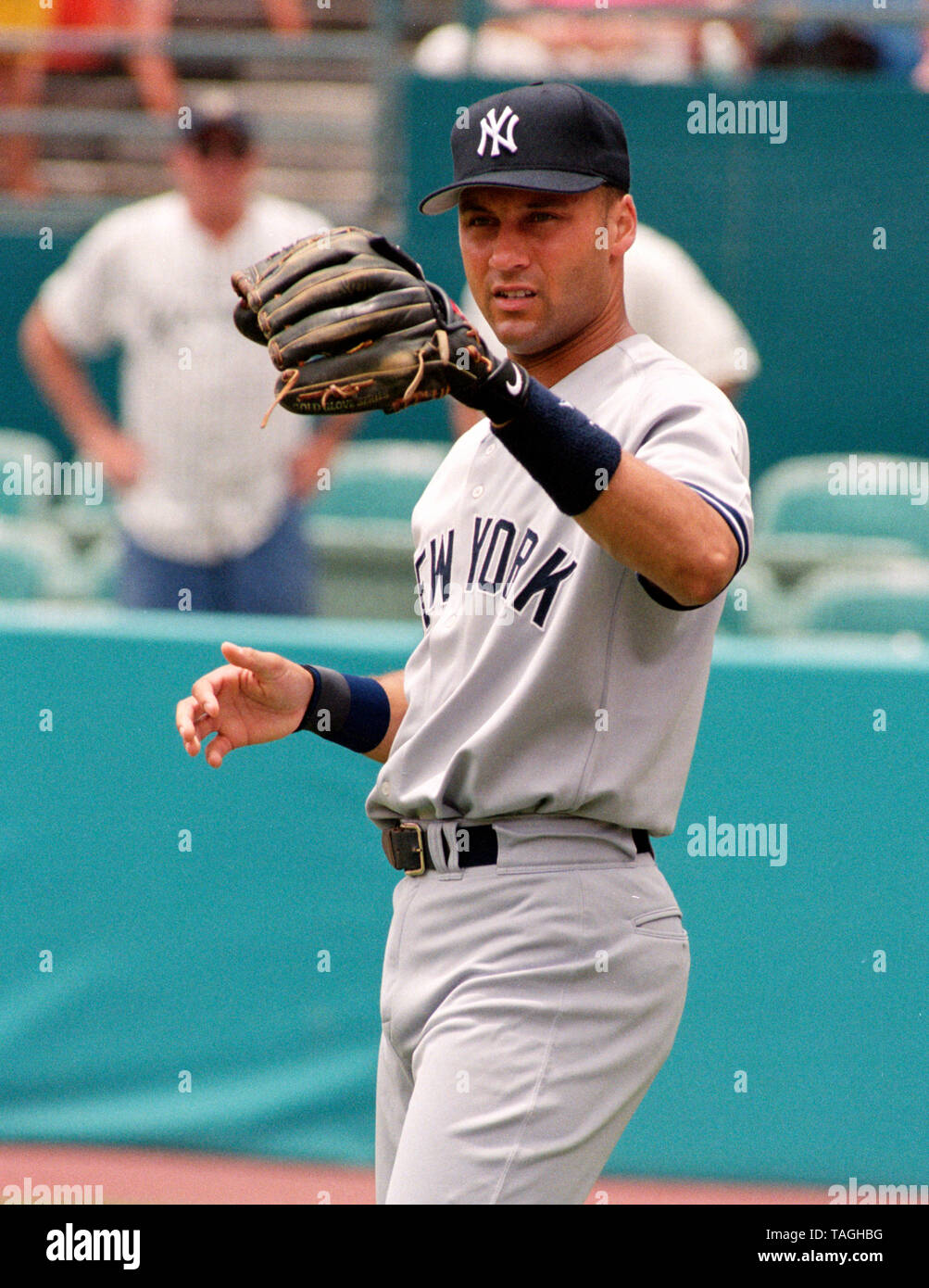 New York Yankee Derek Jeter during a game with the Florida Marlins at Joe Robbie Stadium in 2001 in Miami Florida. Stock Photo