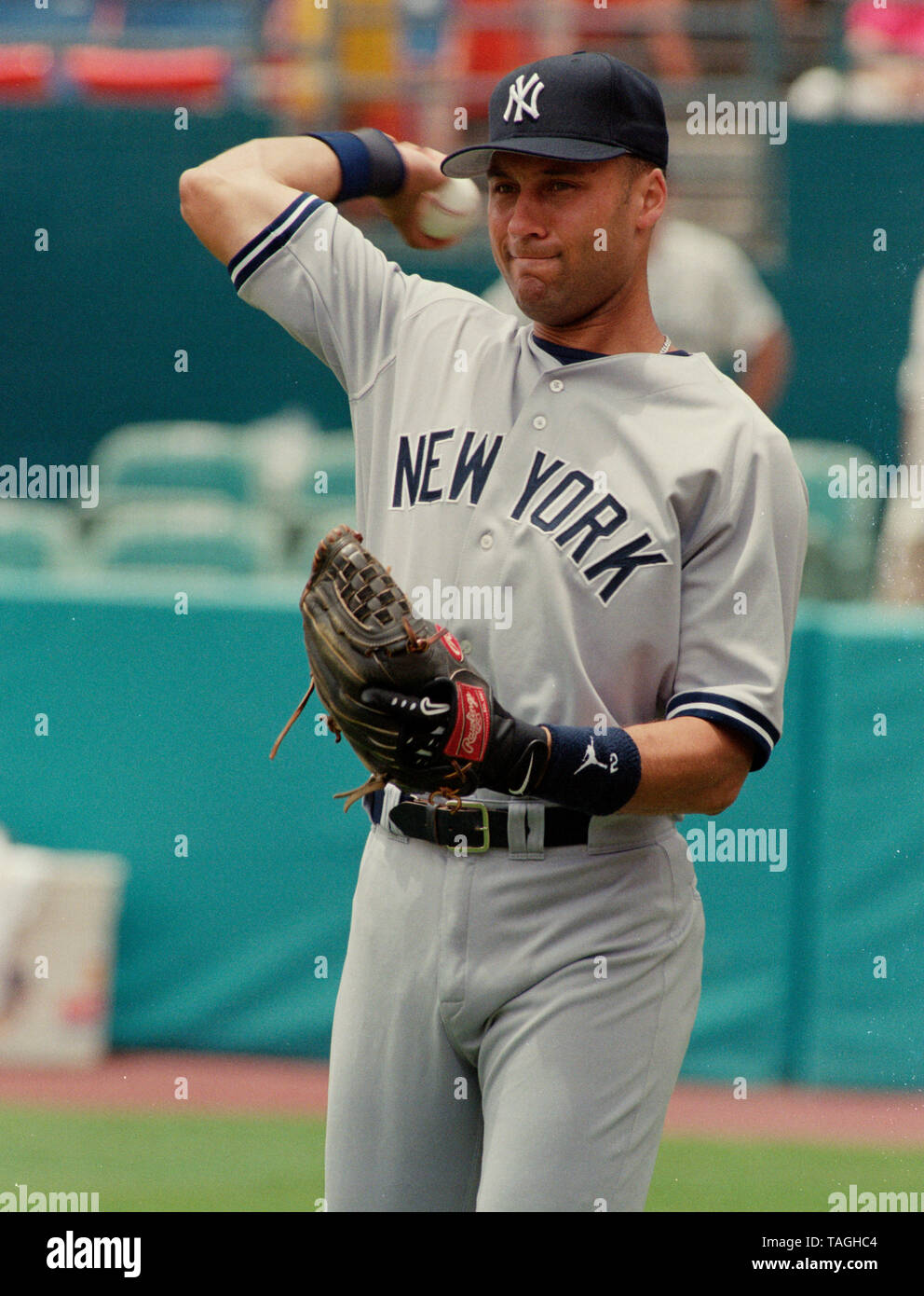 New York Yankee Derek Jeter during a game with the Florida Marlins at Joe Robbie Stadium in 2001 in Miami Florida. Stock Photo