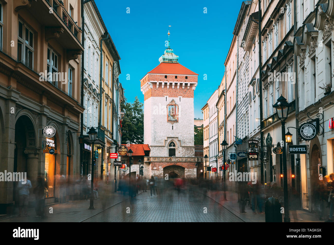 Krakow, Poland - August 27, 2018: View Of The Florianska Gate Krakow, the Medieval Florianska - St Florin's. UNESCO World Heritage Site Stock Photo