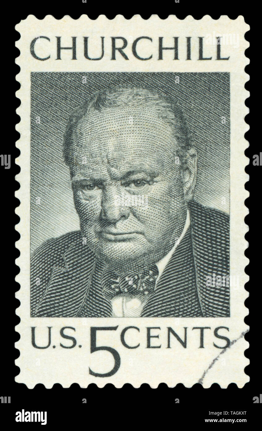 UNITED STATES OF AMERICA - CIRCA 1965: A used postage stamp printed in United States shows a portrait of the British Prime Minister Sir Winston Church Stock Photo