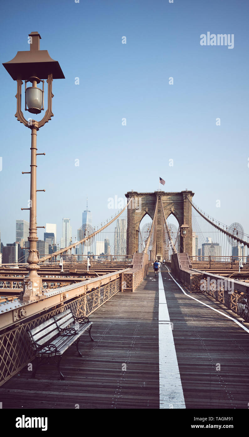 Brooklyn Bridge at sunrise, color toning applied, New York City, USA. Stock Photo