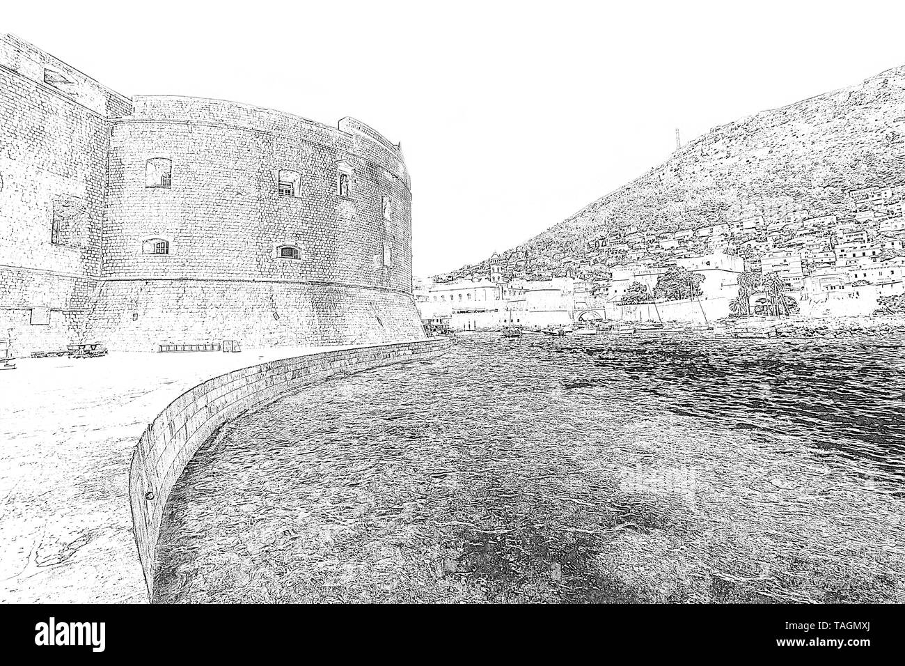 St. John fort in the city of Dubrovnik, Croatia. Processed with with pencil effect. Stock Photo
