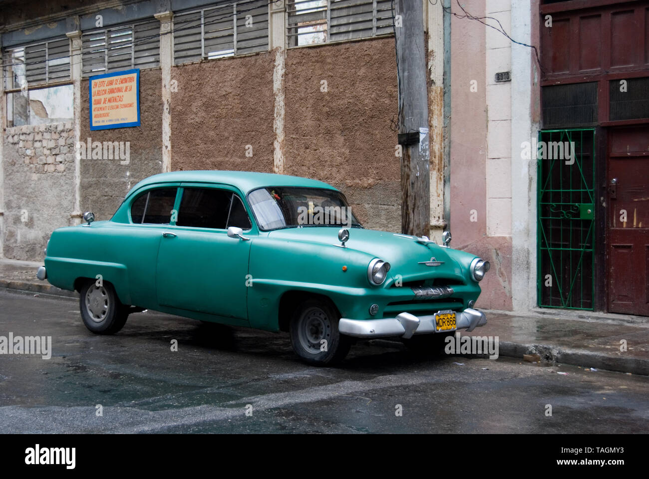 Classic Green American Car in Matanzas Cuba Stock Photo