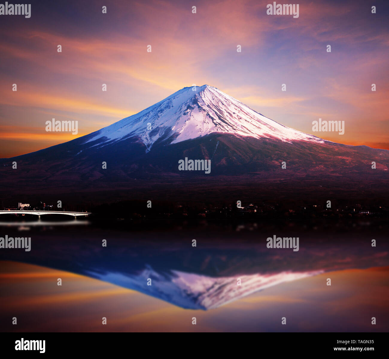 Mount fuji san reflect at Lake kawaguchiko in japan At sunset. Stock Photo