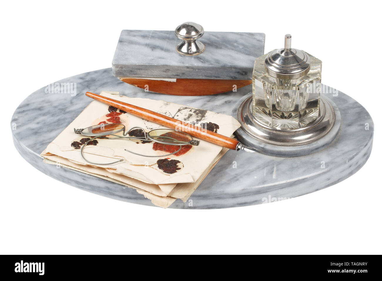 Old fountain pen with rocking ink blotter with silver and glass inkwell