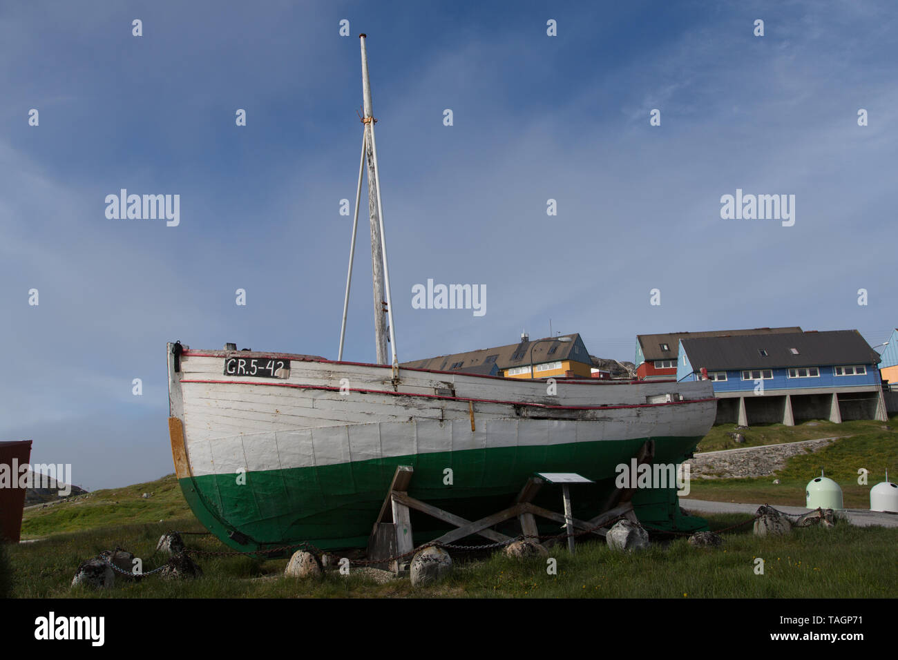 Fishing vessel Dina (circa 1948) is now part of the museum in the village of Paamiut on the west coast of Greenland. Stock Photo