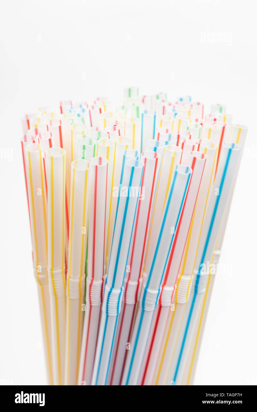 A close-up shot with selective focus of a bunch of unused colored bendy ...