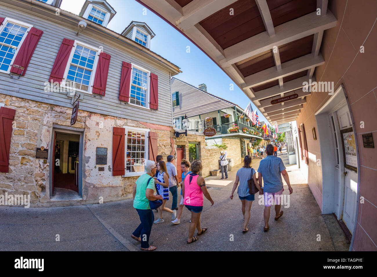 Tourists on historic St George Street in downtown St Augustine Florida Americas oldest city Stock Photo