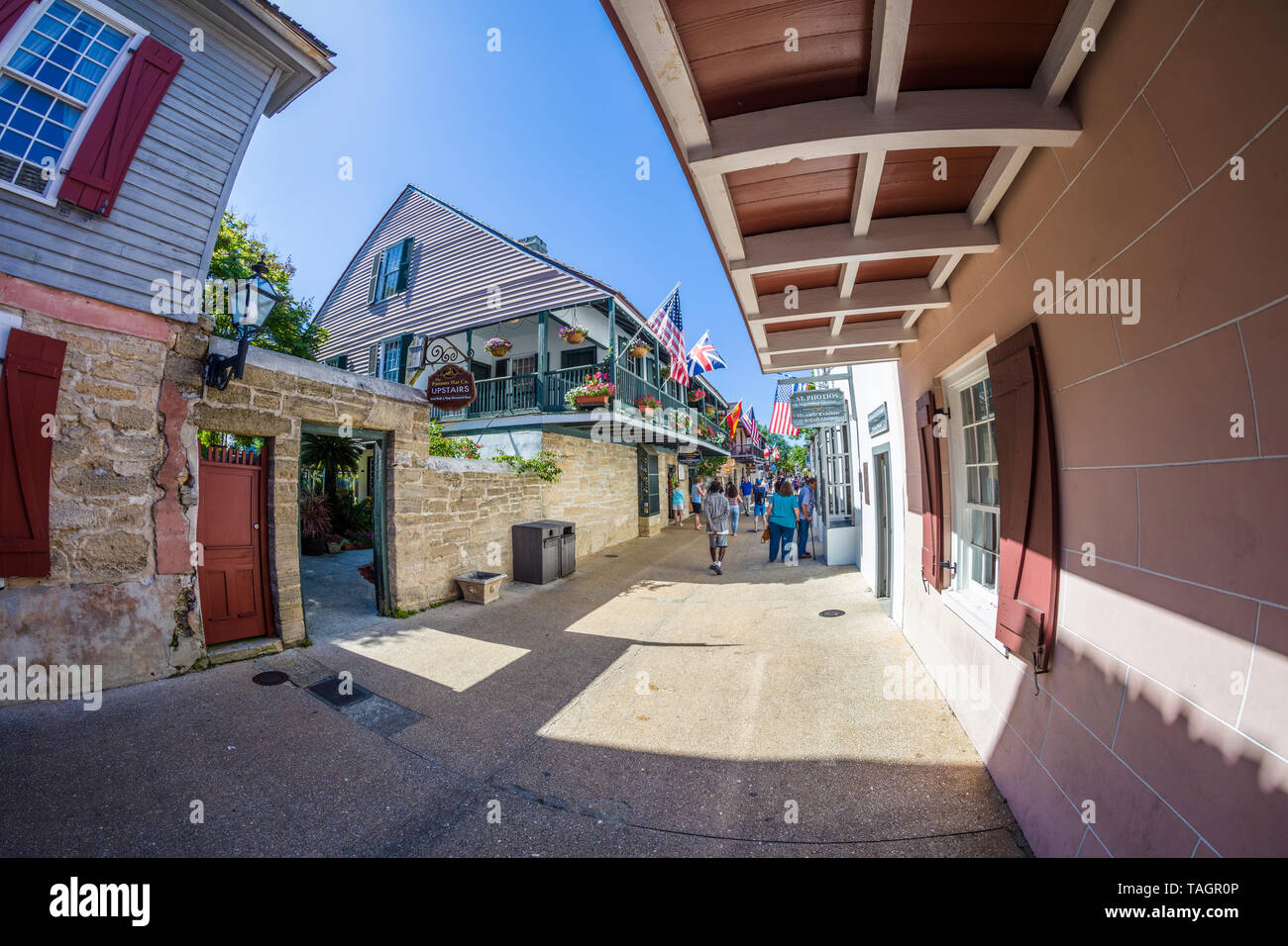 Tourists on historic St George Street in downtown St Augustine Florida Americas oldest city Stock Photo