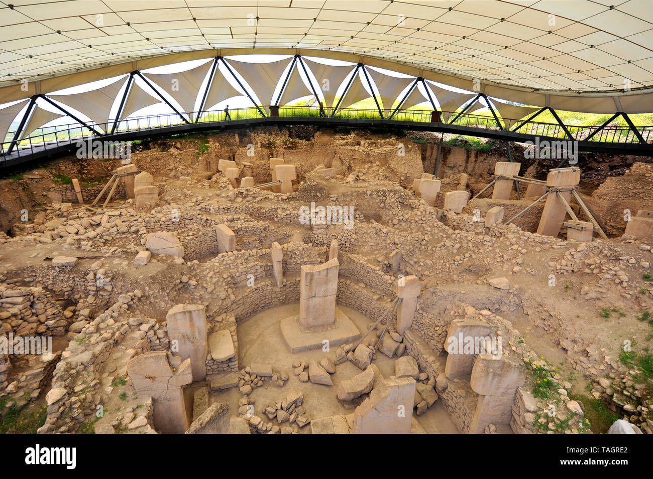 Visitors have view of archaeological excavation of ancient stone ceremonial site at Gobekli Tepe in Sanliurfa, Turkey Stock Photo