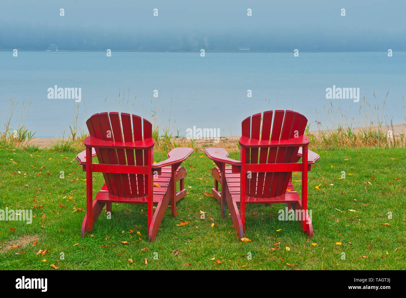 Muskoka chairs and fog St. Joseph's Island Ontario Canada Stock Photo