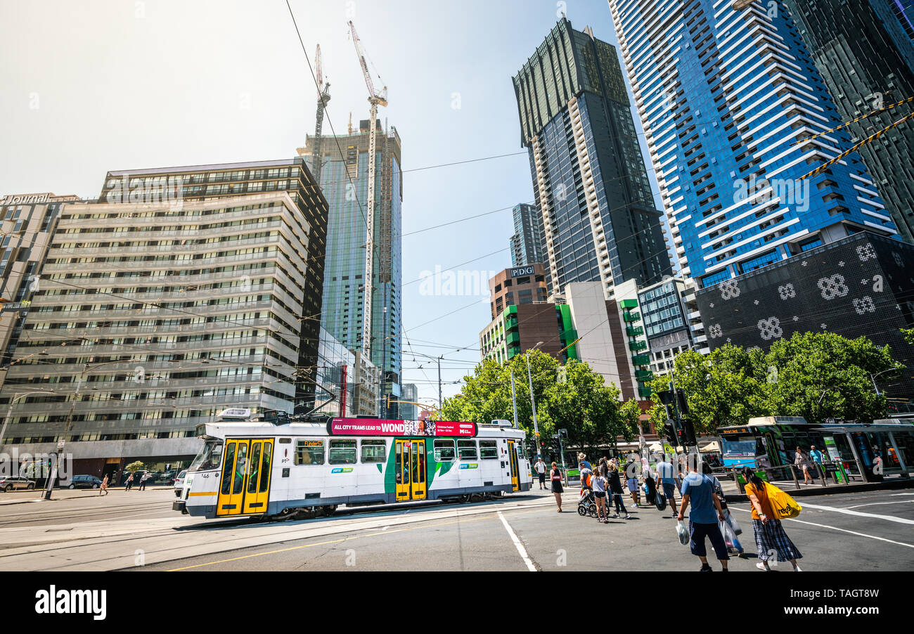 4 January 2019, Melbourne Vic Australia : Wide angle street view of Melbourne tram and buildings in Melbourne Victoria Australia Stock Photo
