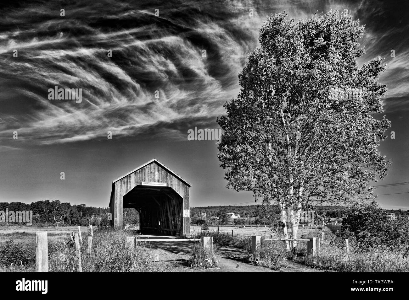 Sawmill Creek #1 Covered bridge across Sawmill Creek Riverside-Albert New Brunswick Canada Riverside-Albert New Brunswick Canada Stock Photo