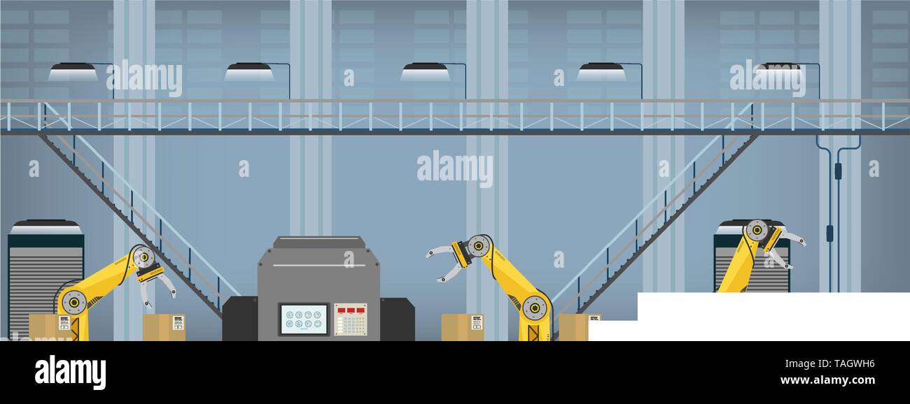 Automation factory concept with robot working flat design vector ...