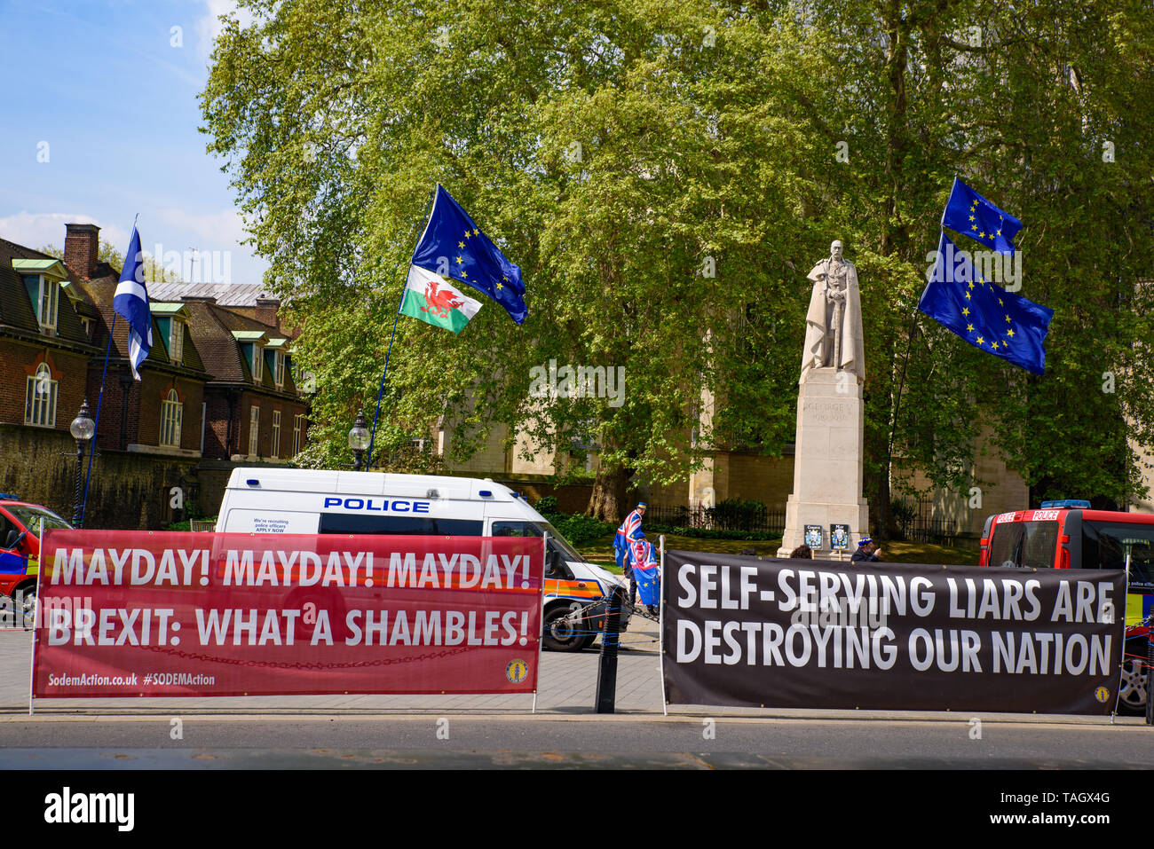 The signs and banners in London protesting the mess of the Brexit deal between the UK government and the European Union Stock Photo