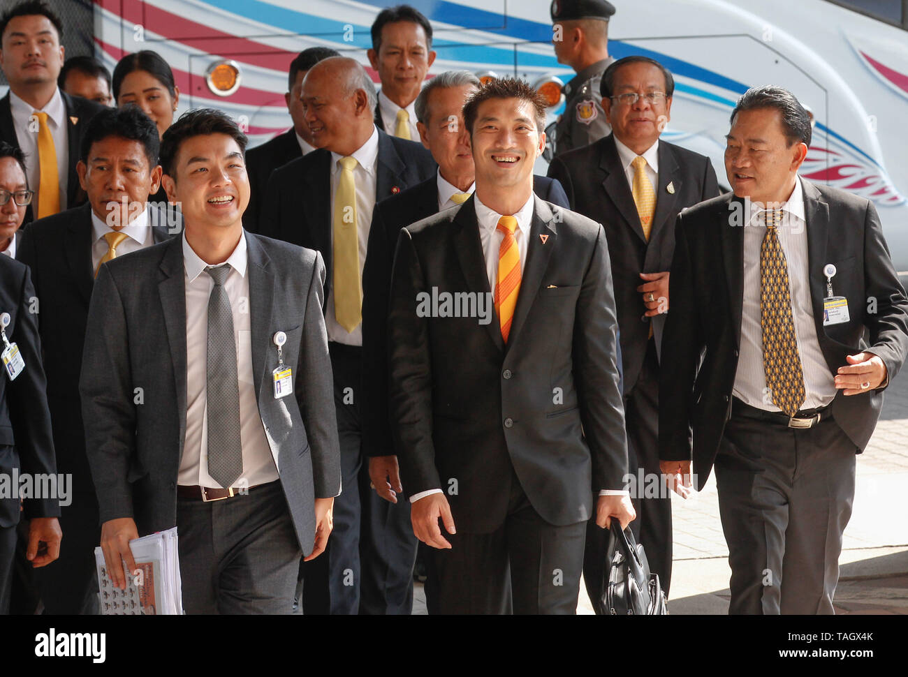 Thanathorn Juangroongruangkit and his party members seen arriving at the TOT Plc’ auditorium in Bangkok. Thanathorn Juangroongruangkit, the Future Forward Party leader has now officially discontinued indefinitely his MP duty by the order of the Constitutional Court after Thanathorn may have breach the laws by still owning shares in a media company while being registering as an MP candidate. Stock Photo