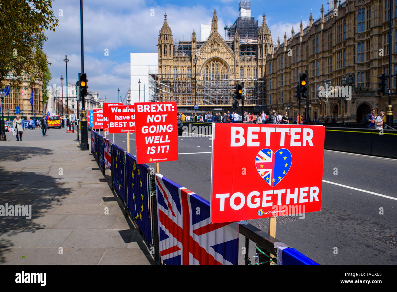 The signs and banners in London protesting the mess of the Brexit deal between the UK government and the European Union Stock Photo