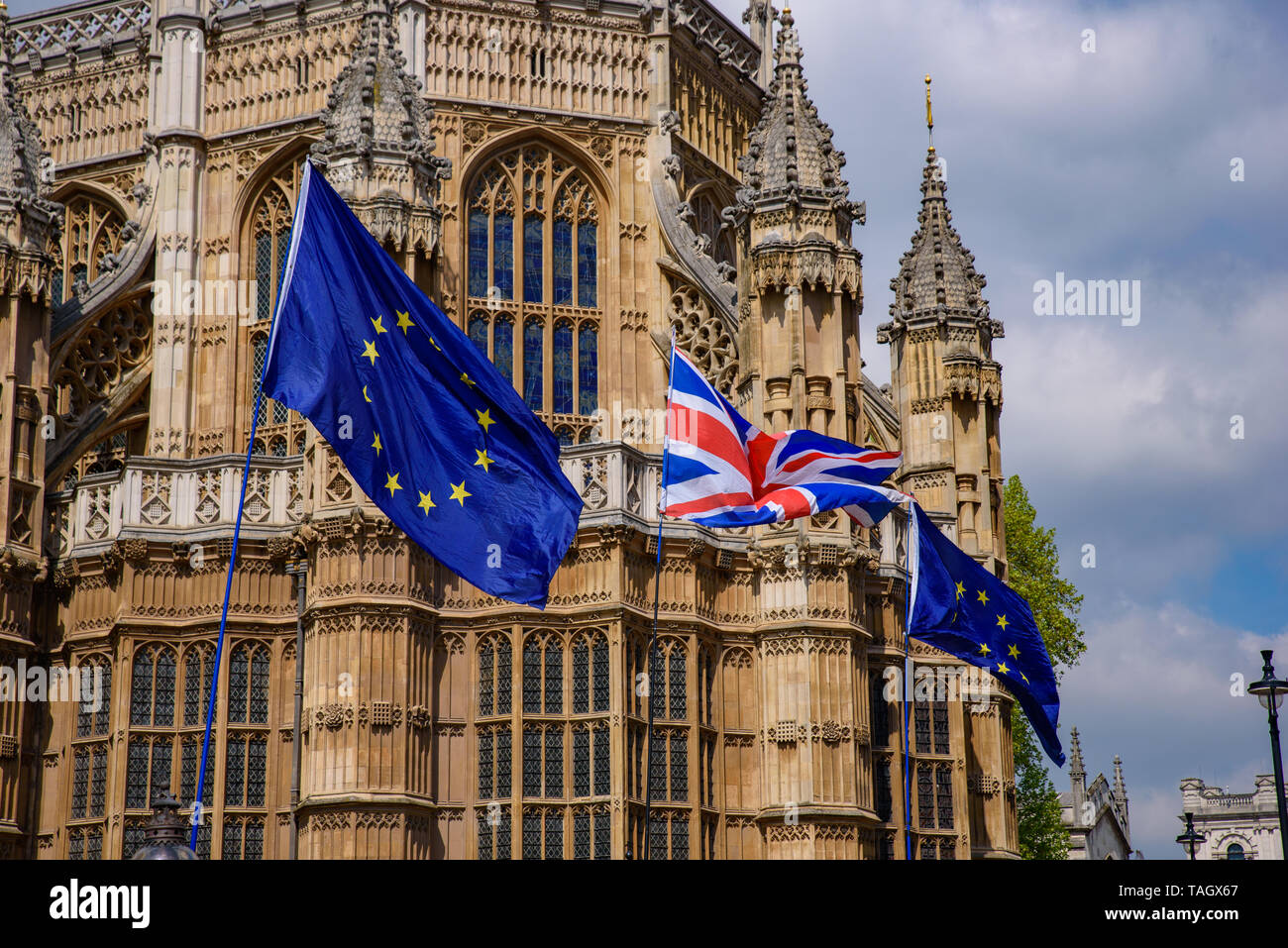 Flags of UK and the European Union in London Stock Photo