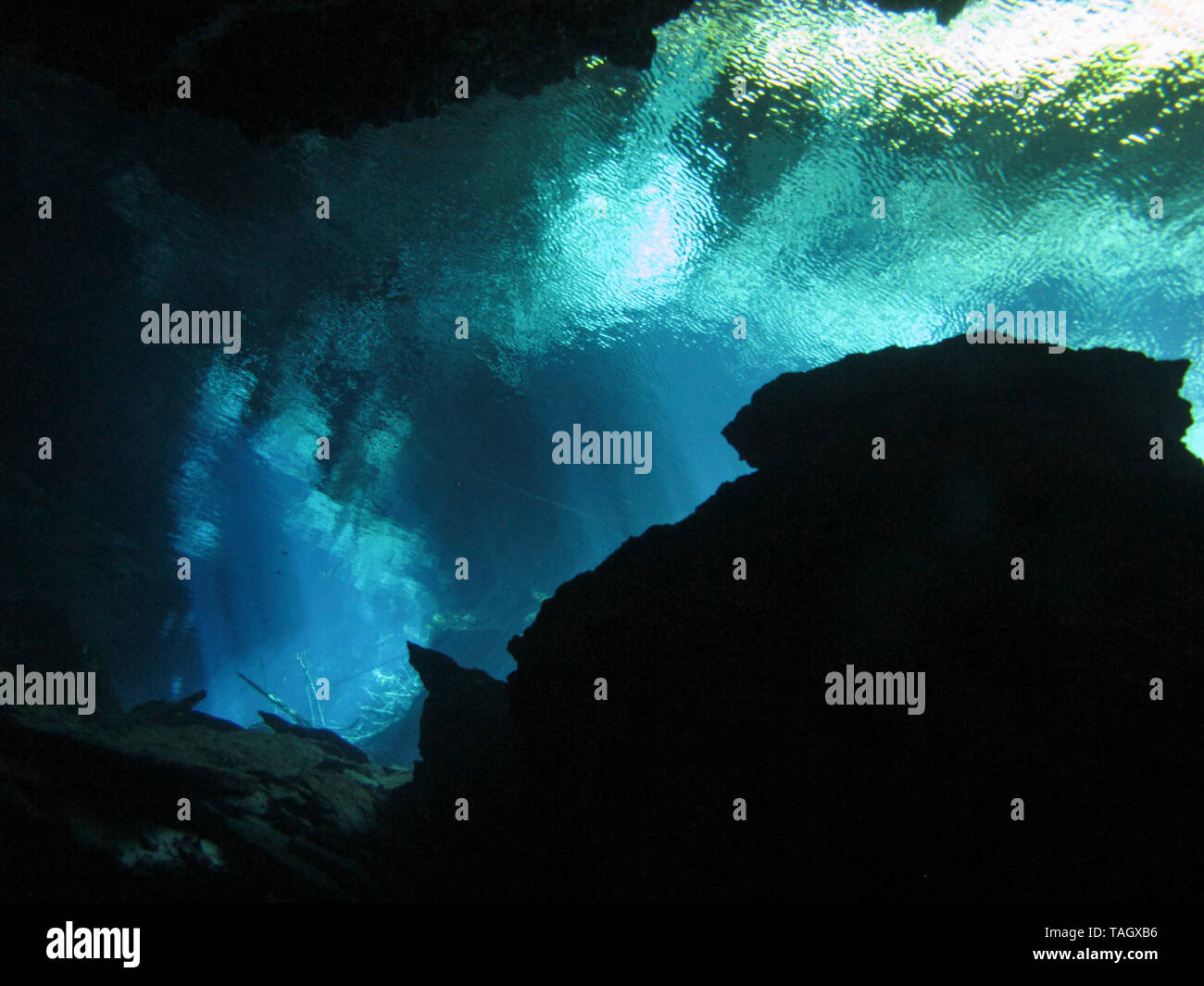 Reflection of light Underwater at cenote Chac Mool in the Riviera