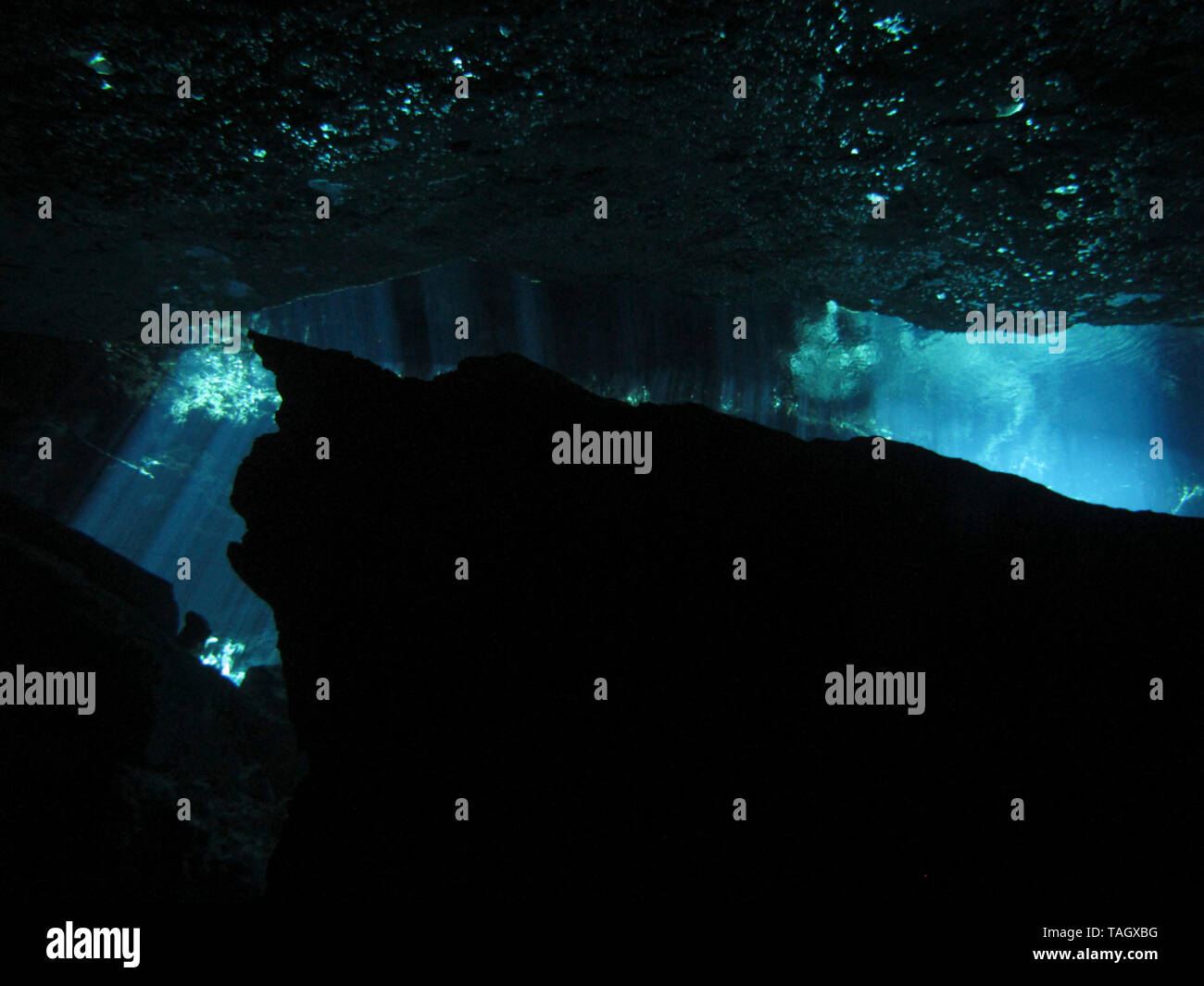 Reflection of light Underwater at cenote Chac Mool in the Riviera