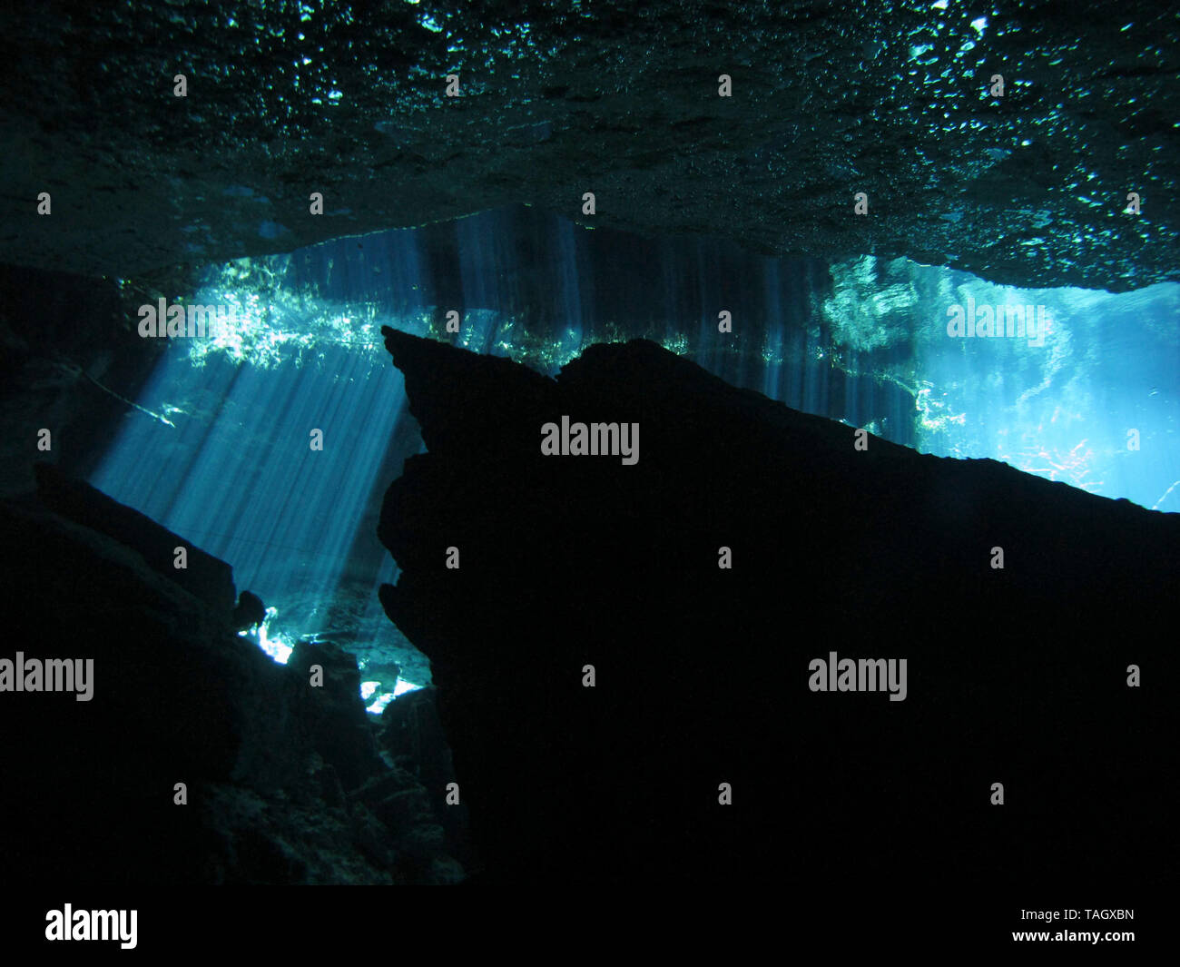 Reflection of light Underwater at cenote Chac Mool in the Riviera