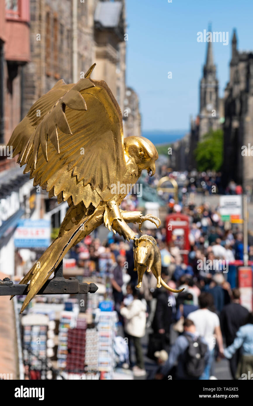 Detail of gold bird outside Gladstone's Land historic building on the Royal Mile in Lawnmarket in Edinburgh Old Town, Scotland, UK Stock Photo
