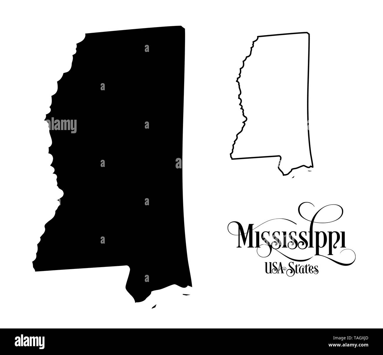 Map of The United States of America (USA) State of Mississippi - Illustration on White Background. Stock Photo