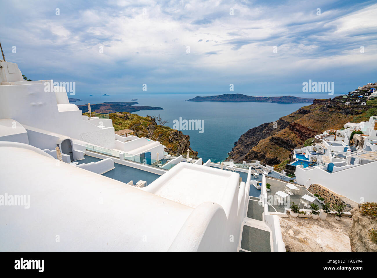 Panoramic view at Santorini Island in Greece, one of the most beautiful travel destinations of the world. Stock Photo