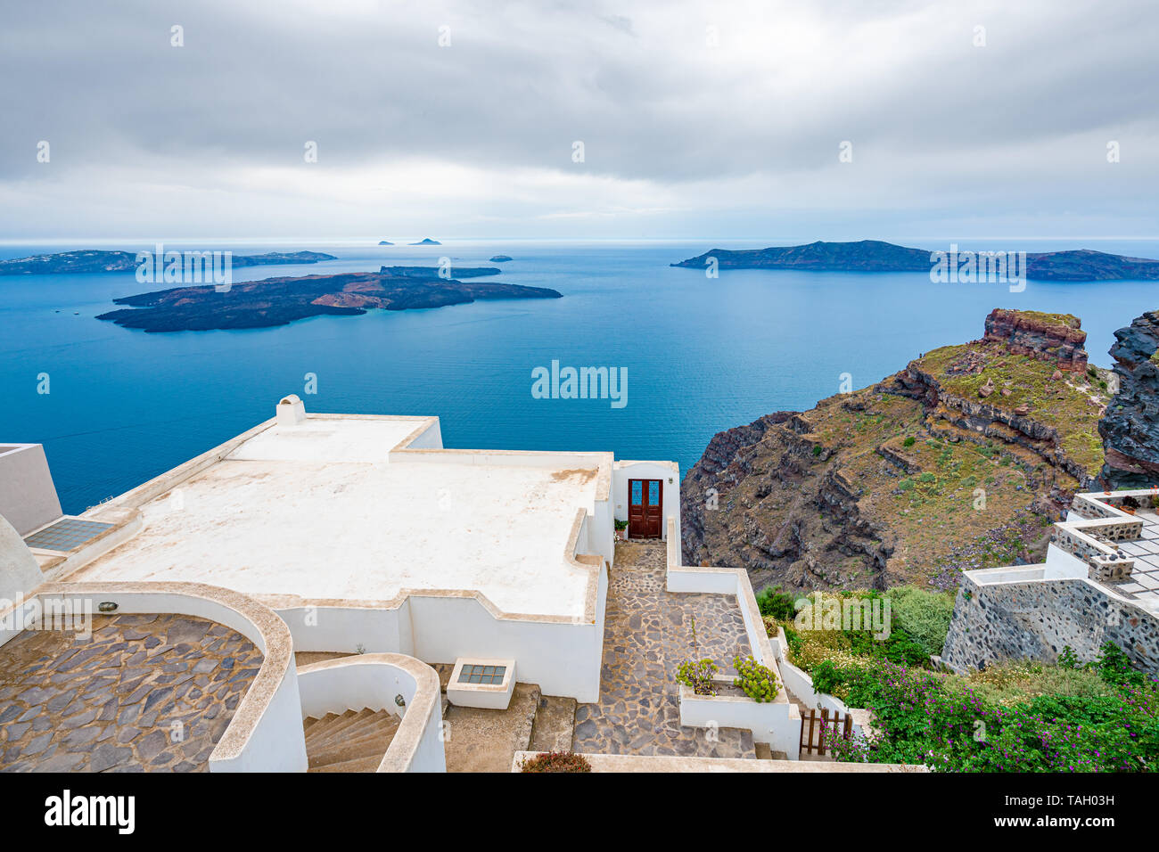 Panoramic View of Santorini Island in Greece, one of the most beautiful travel destinations of the world. Stock Photo