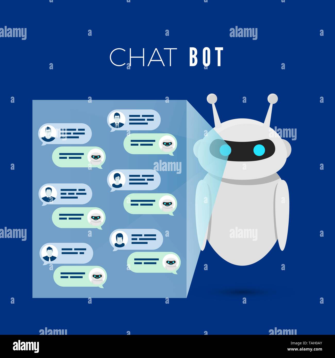 Chatbot concept. Robot projects a screen with messages from users and leads dialog with them answer question. Vector illustration Stock Vector