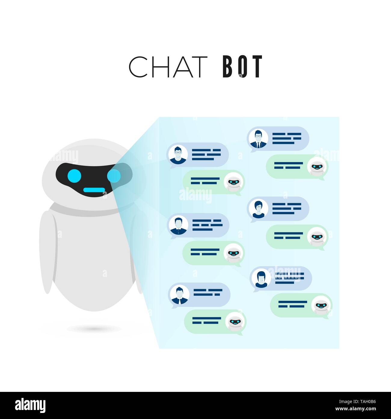 Chatbot concept. Robot projects a screen with messages from users and leads dialog with them. Vector illustration Stock Vector