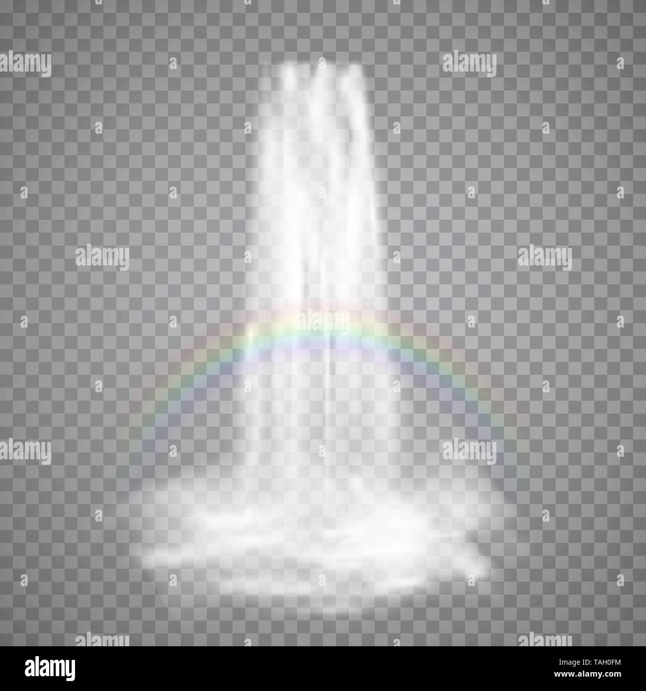 Realistic nature stream of waterfall with clear water rainbow and fog. Vector illustration isolated on transparent background Stock Vector