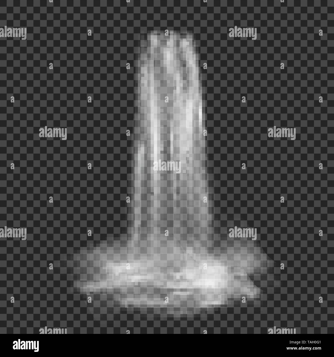 Realistic stream of waterfall with clear water and fog. Vector illustration isolated on transparent background Stock Vector