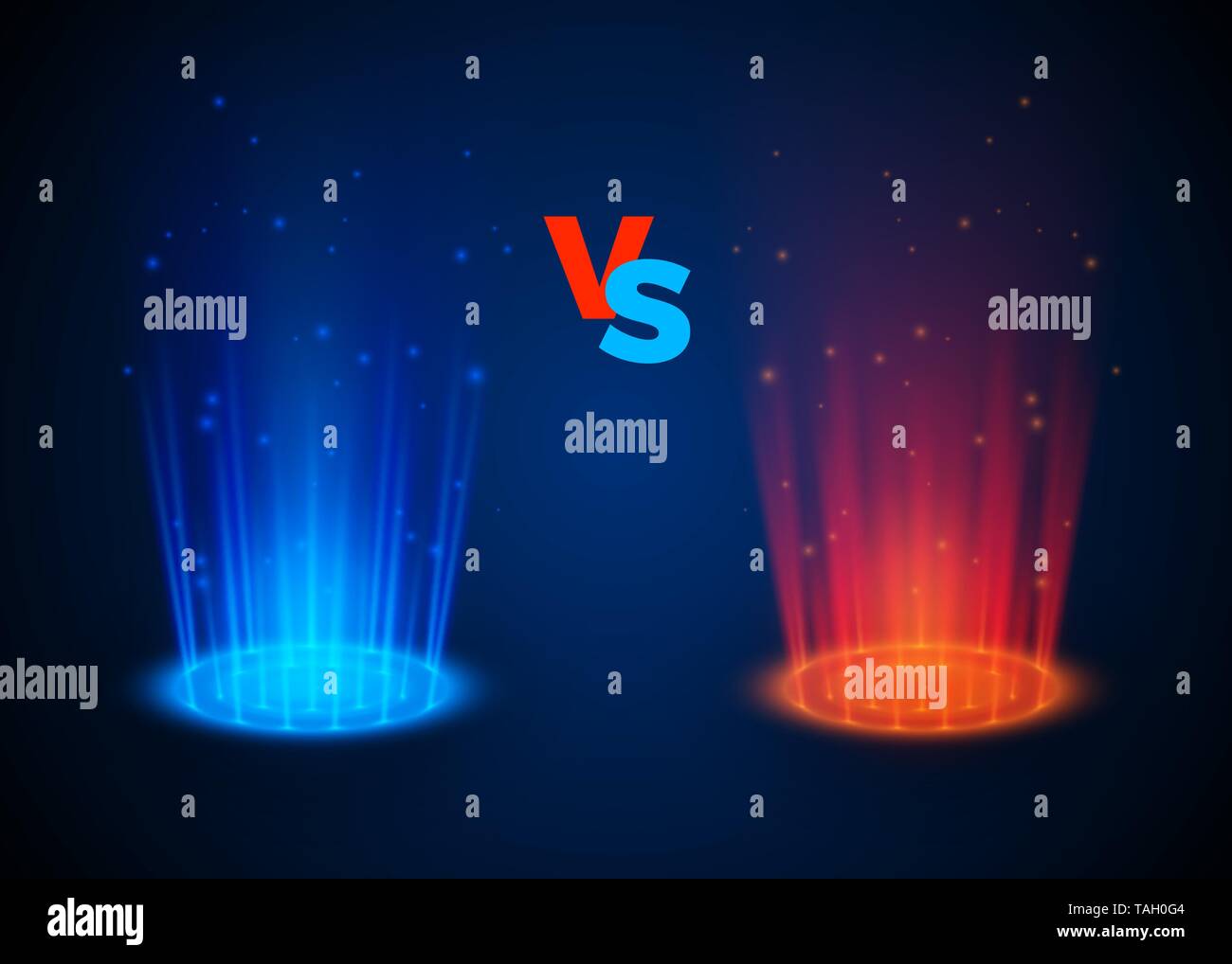 Versus glowing spotlight red and blue colors. Abstract hologram. VS battle scene with rays and sparks. vector illustration Stock Vector