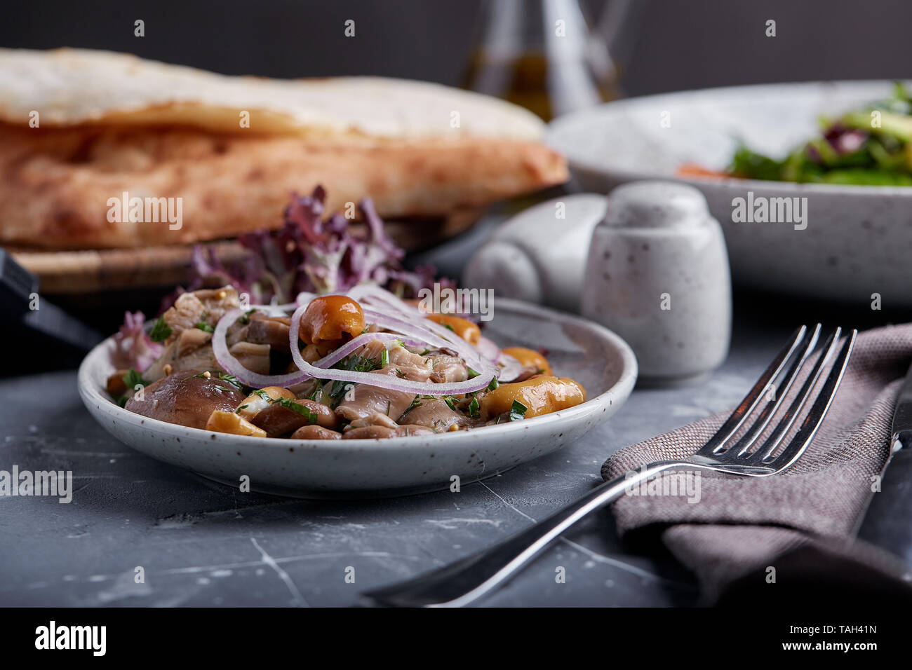 marinated mushrooms and onions in a plate on a grey background Stock