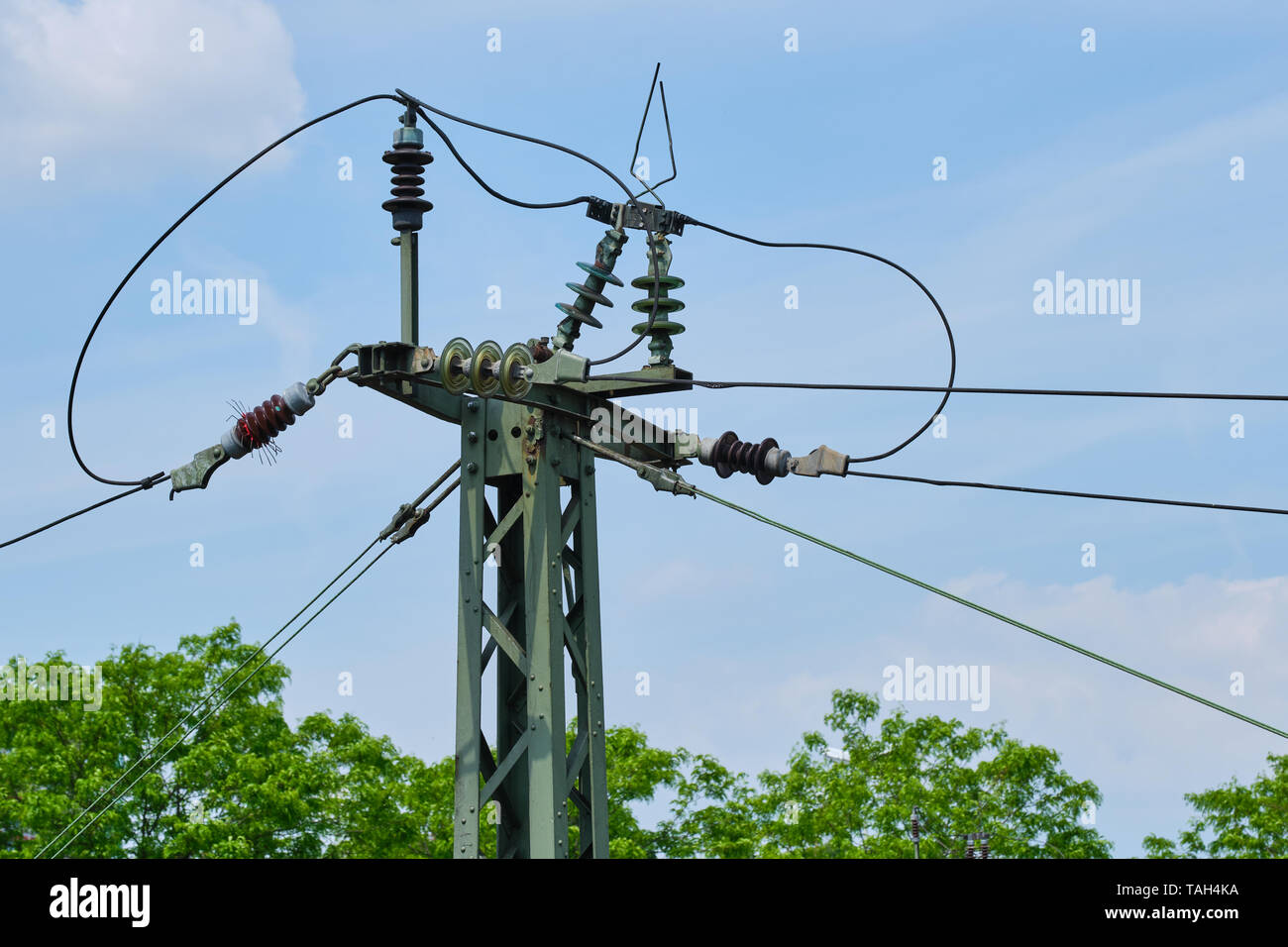 close up of a catenary mast at a German station Stock Photo