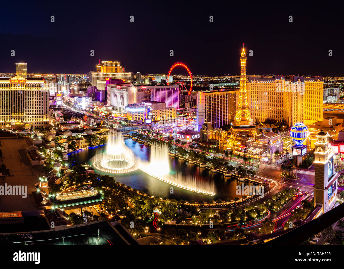 Las Vegas skyline featuring the Bellagio Fountains, Paris Las Vegas, Linq High Roller & Las Vegas Strip in Las Vegas, Nevada, USA Stock Photo