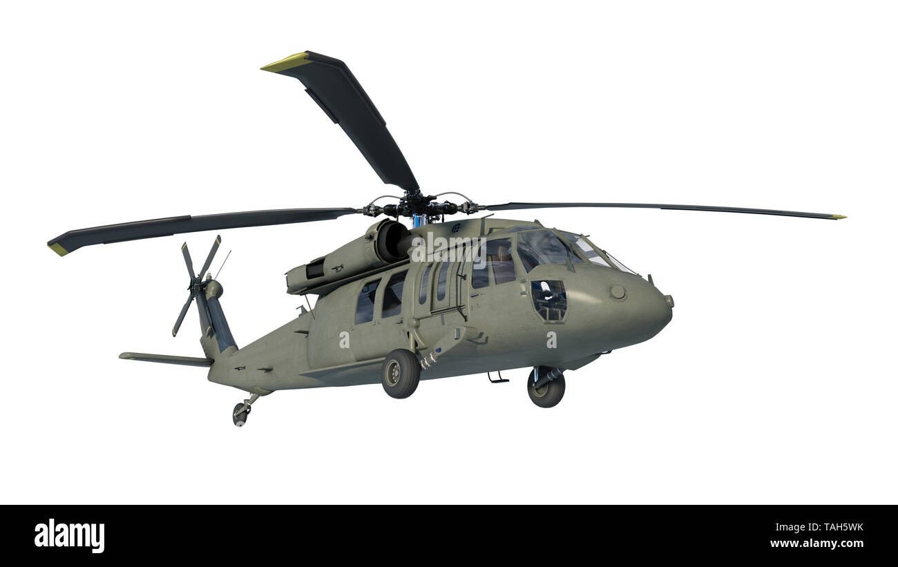 Helicopter in flight, military aircraft, army chopper isolated on white background, bottom view, 3D rendering Stock Photo