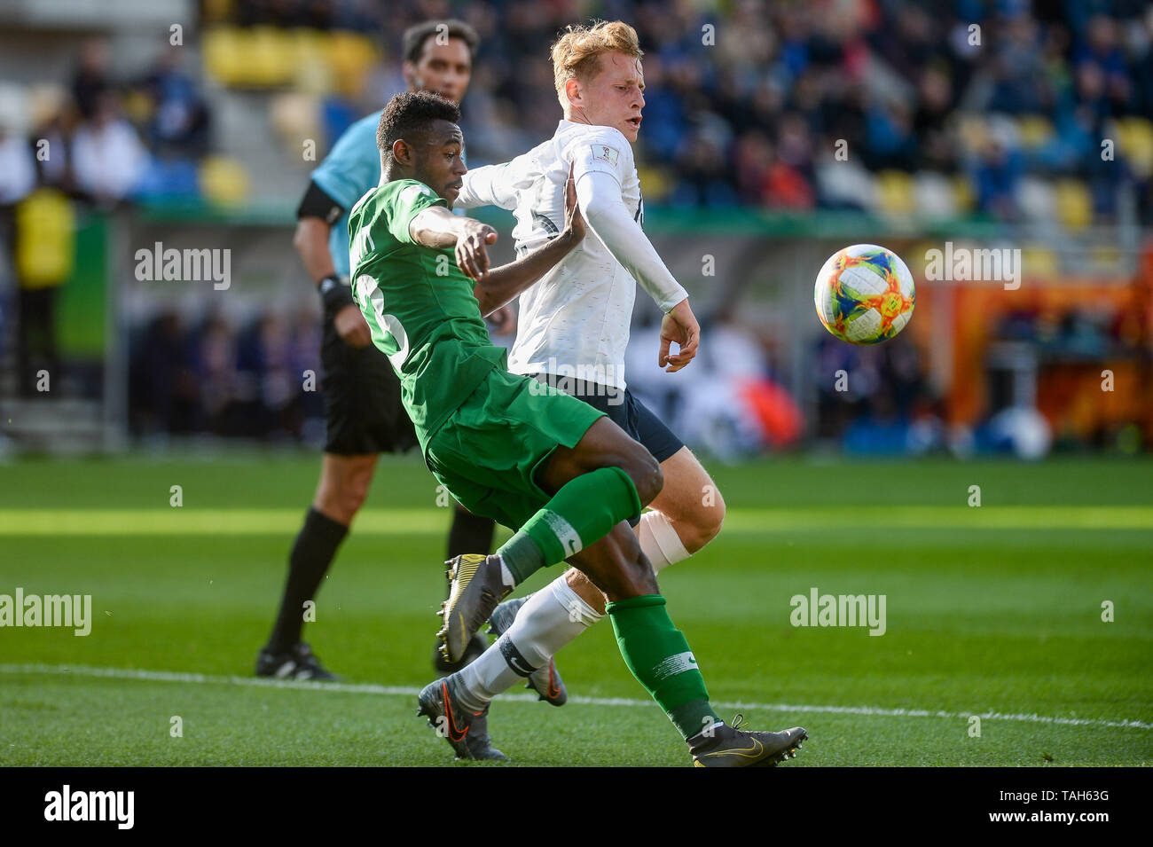 Muhannad Alshanqiti from Saudi Arabia (L) and Nicolas Cozza from France (R) are seen in action during FIFA U-20 World Cup match between France and Saudi Arabia (GROUP E) in Gdynia. ( Final score; France 2:0 Saudi Arabia ) Stock Photo