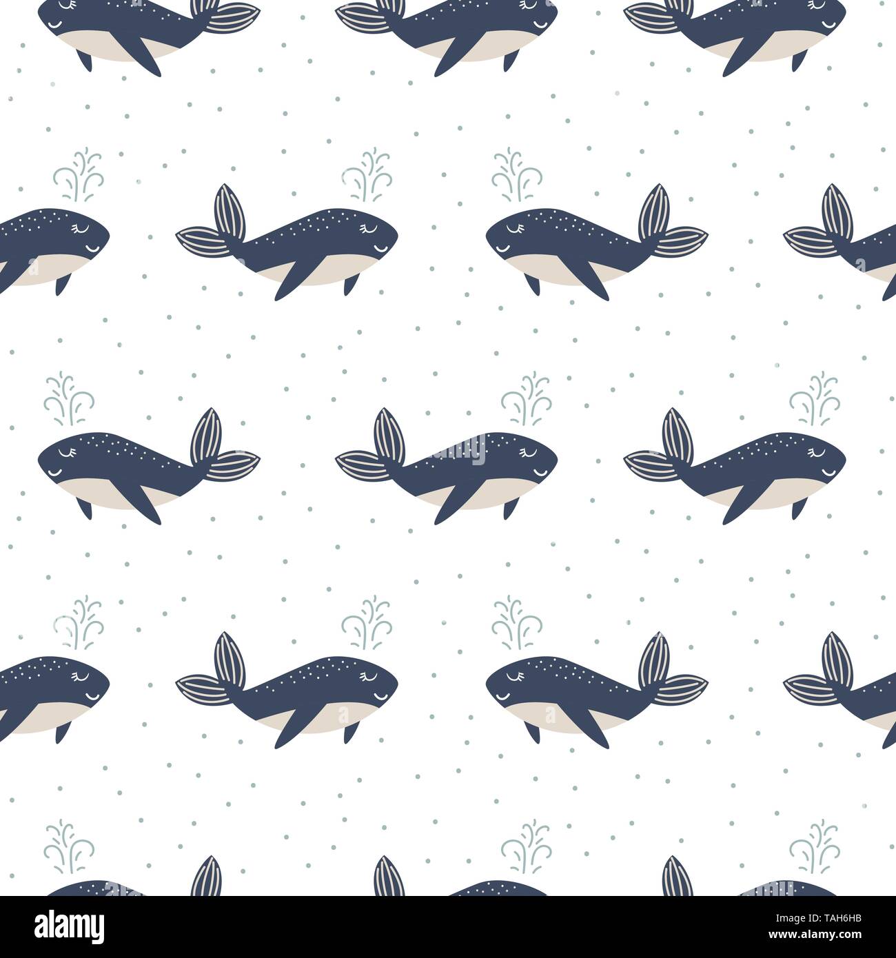 Dolphin seamless vector pattern. Cartoon style blue fun fish background. Stock Vector