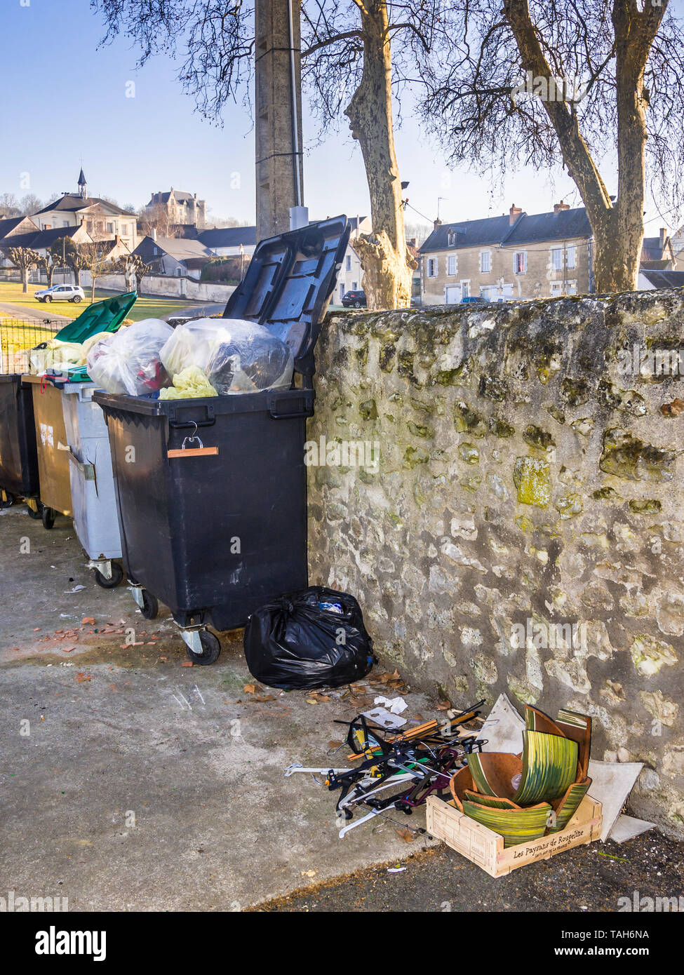 Overflowing public rubbish bins France Stock Photo Alamy