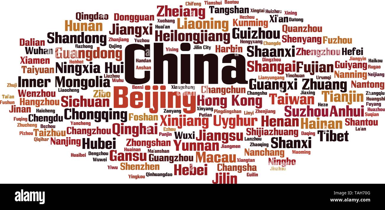 Cities in China word cloud concept. Collage made of words about cities