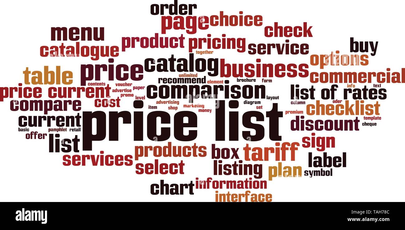 Price list word cloud concept. Collage made of words about consensus. Vector illustration Stock Vector