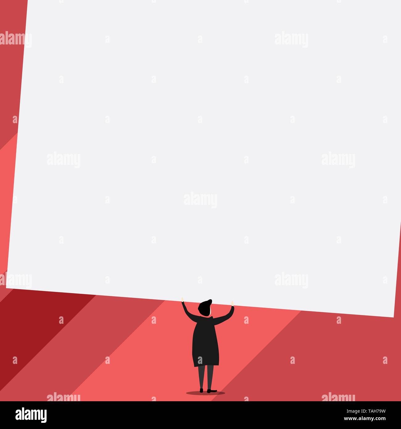 Back View Standing Short Hair Woman Dress Hands Up Holding Blank