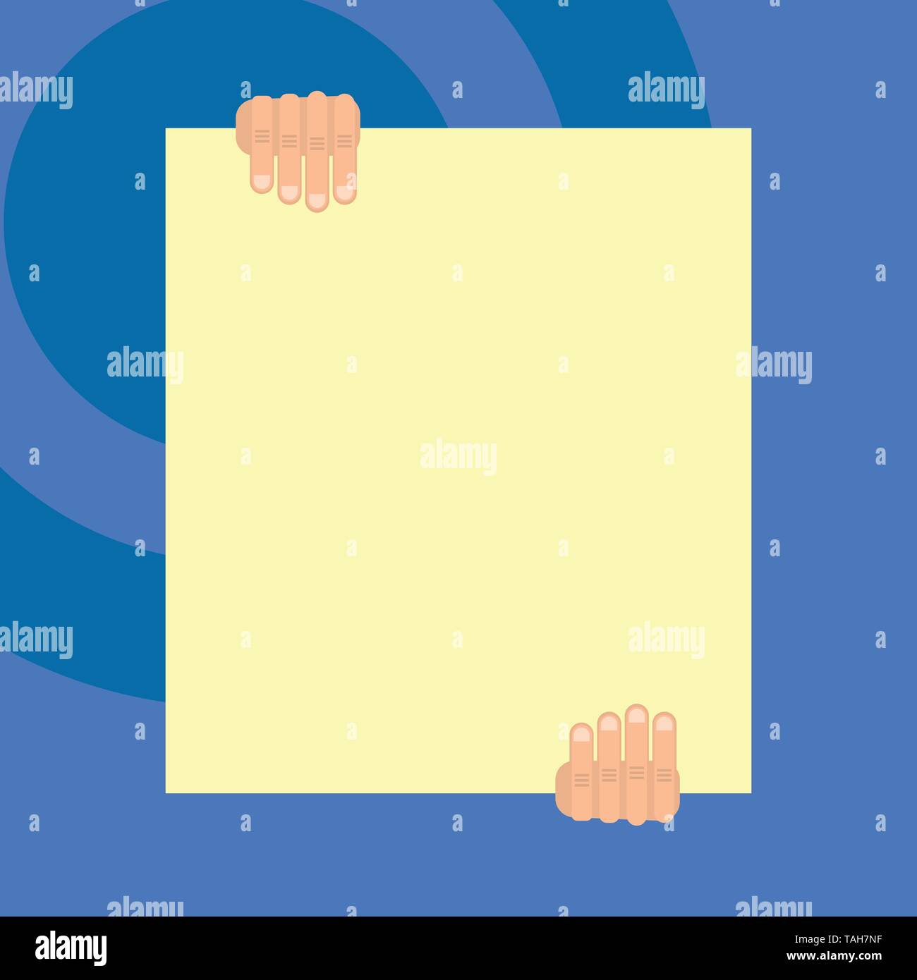 Two hands holding big blank rectangle up down Geometrical background ...