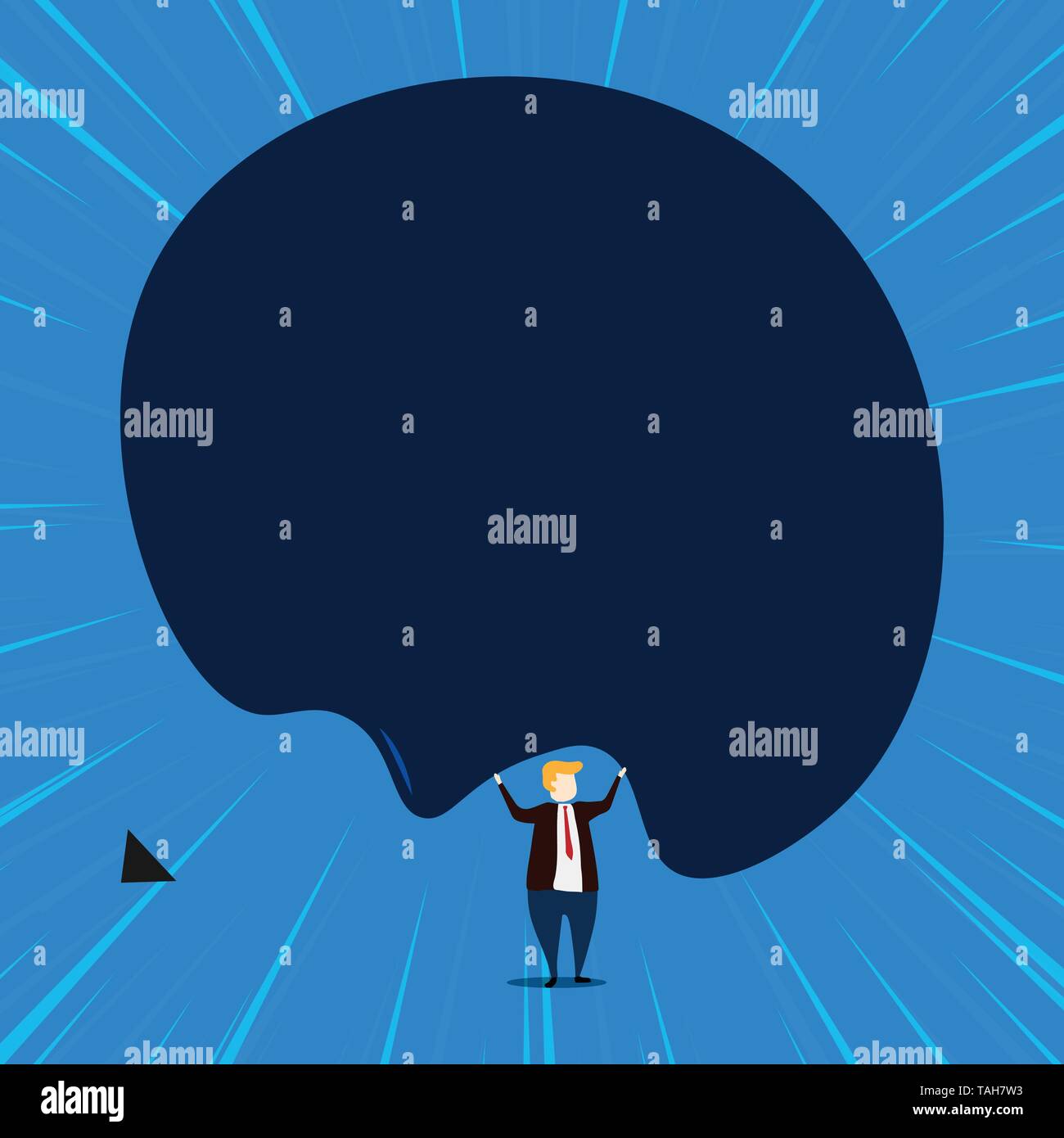 Front view standing man dressed suit tie two hands up big deflated balloon Stock Vector